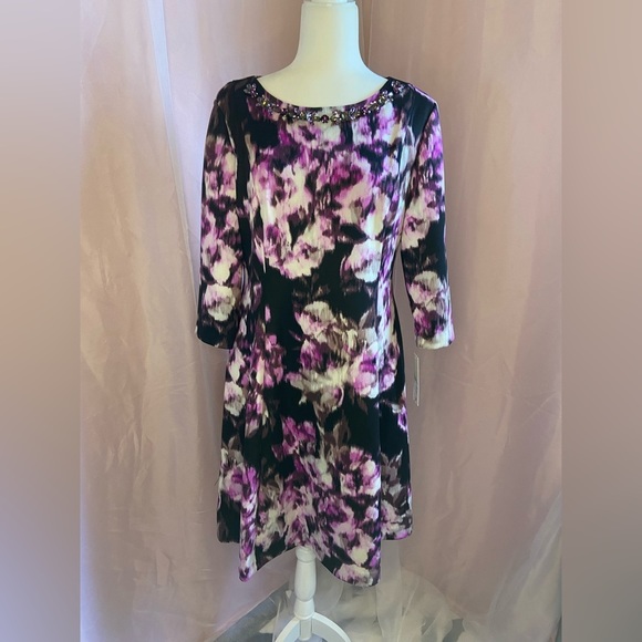 NWT Eliza J Watercolor Print Fit And Flare Scuba Cocktail Jeweled Dress BB99 - Picture 13 of 16